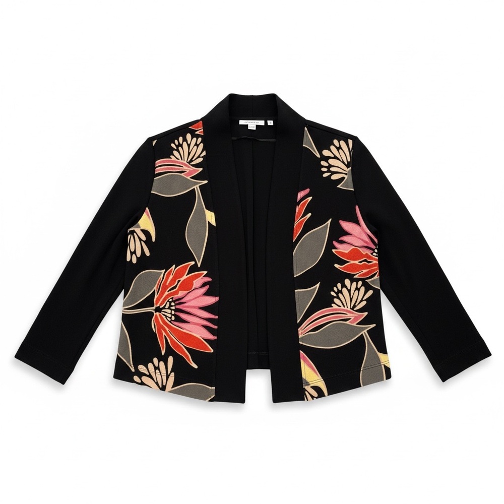 Chico’s Floral Open Front Jacket Size 0 Small Black Cropped